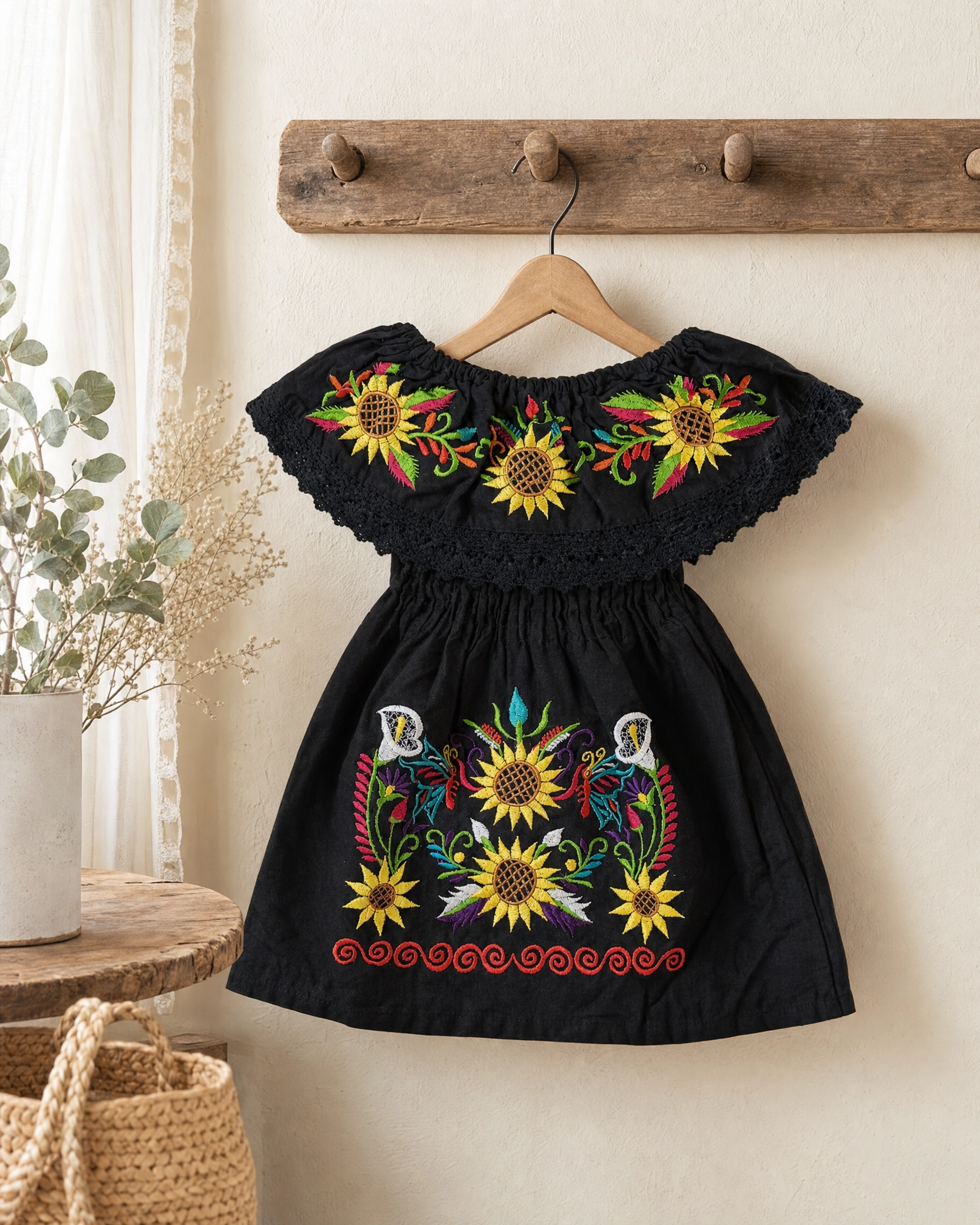 Mexican Embroidered Sunflower Dress for Girls