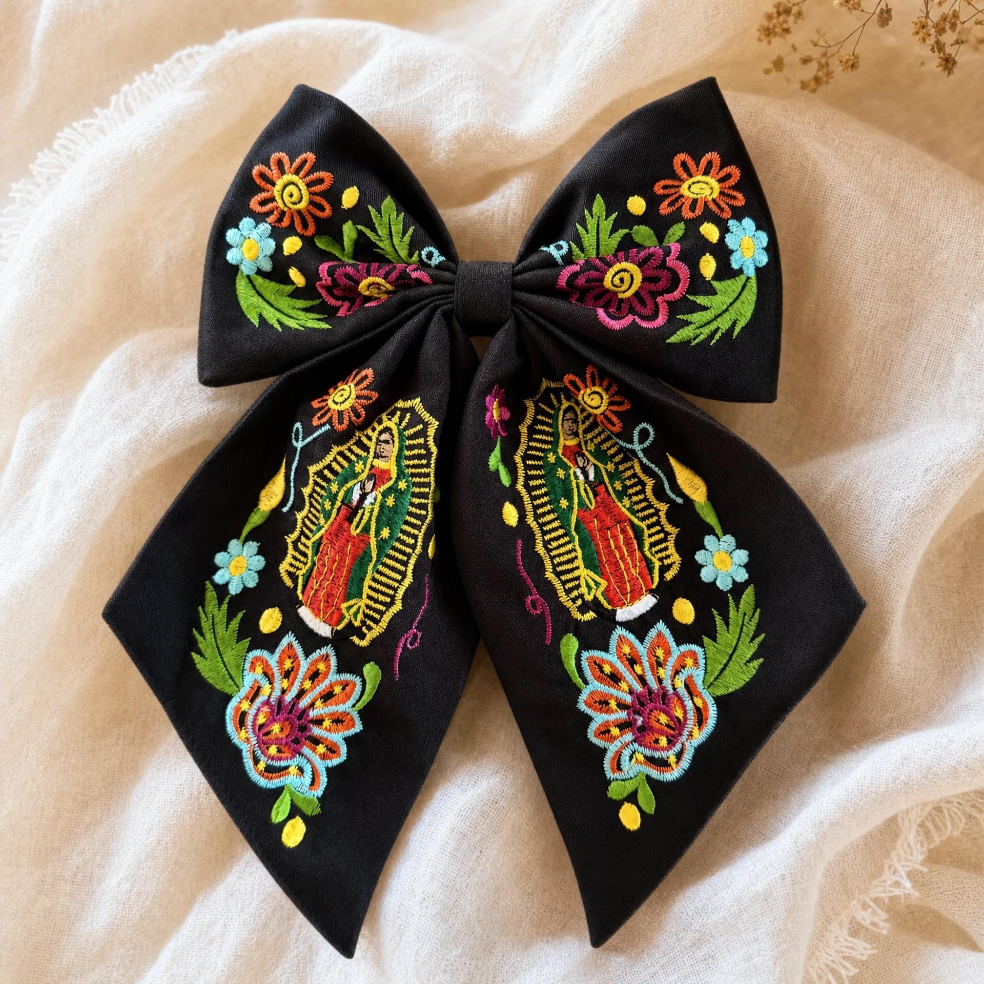 Embroidered Virgen de Guadalupe Hair Bow - Mexican Floral Mono, First Communion Gift
