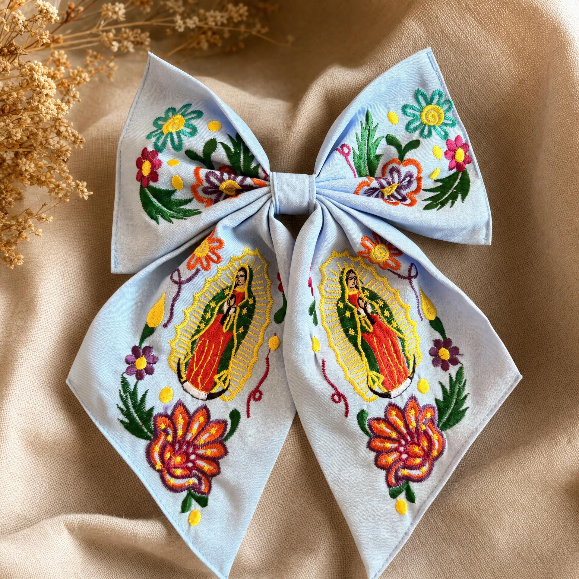 Embroidered Virgen de Guadalupe Hair Bow - Mexican Floral Mono, First Communion Gift
