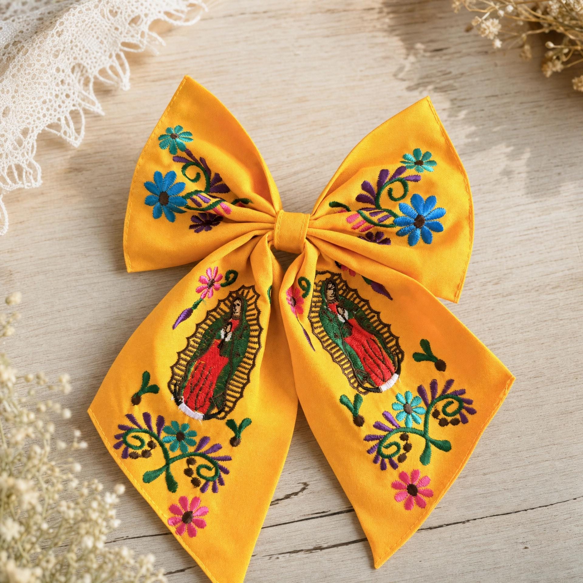 Embroidered Virgen de Guadalupe Hair Bow - Mexican Floral Mono, First Communion Gift