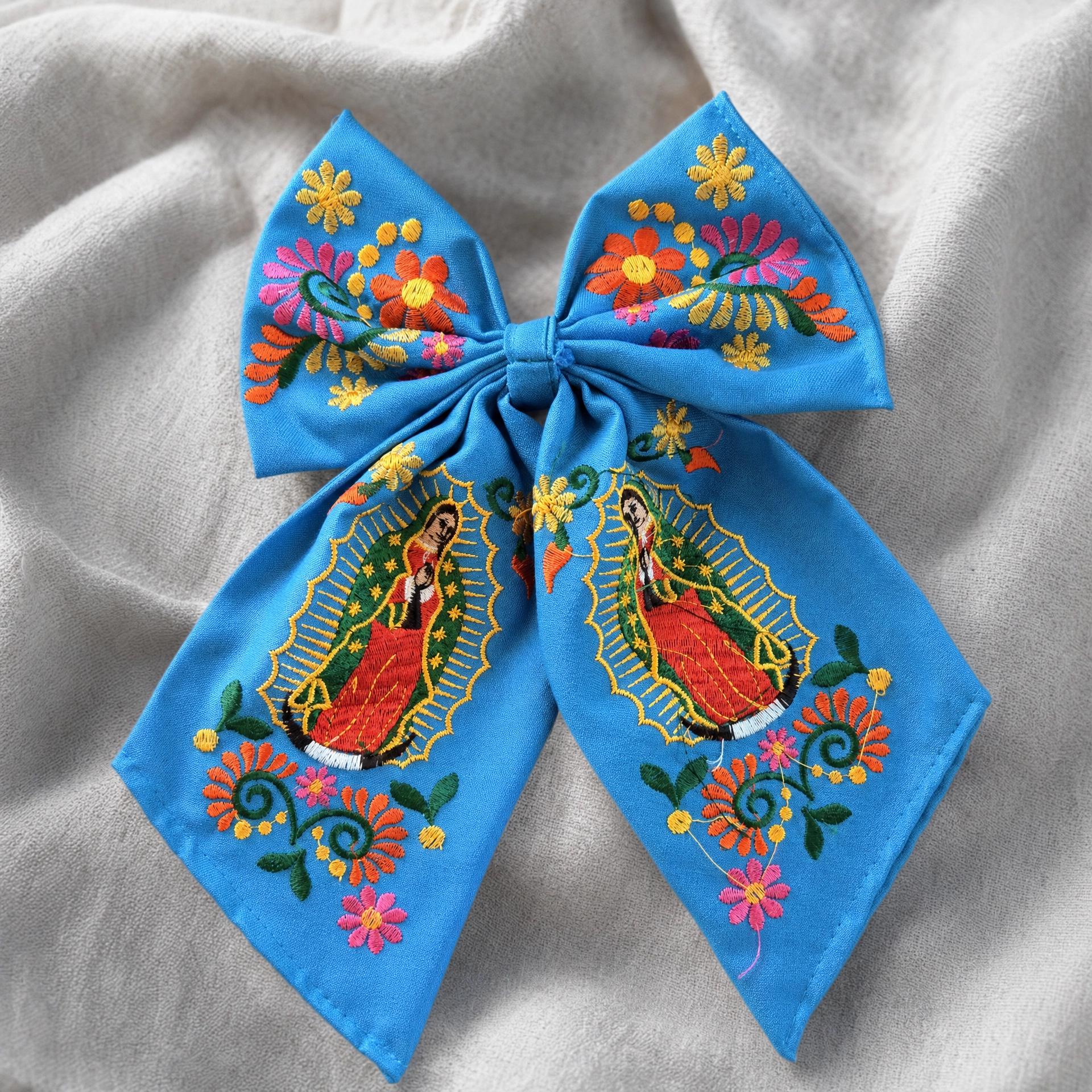 Embroidered Virgen de Guadalupe Hair Bow - Mexican Floral Mono, First Communion Gift
