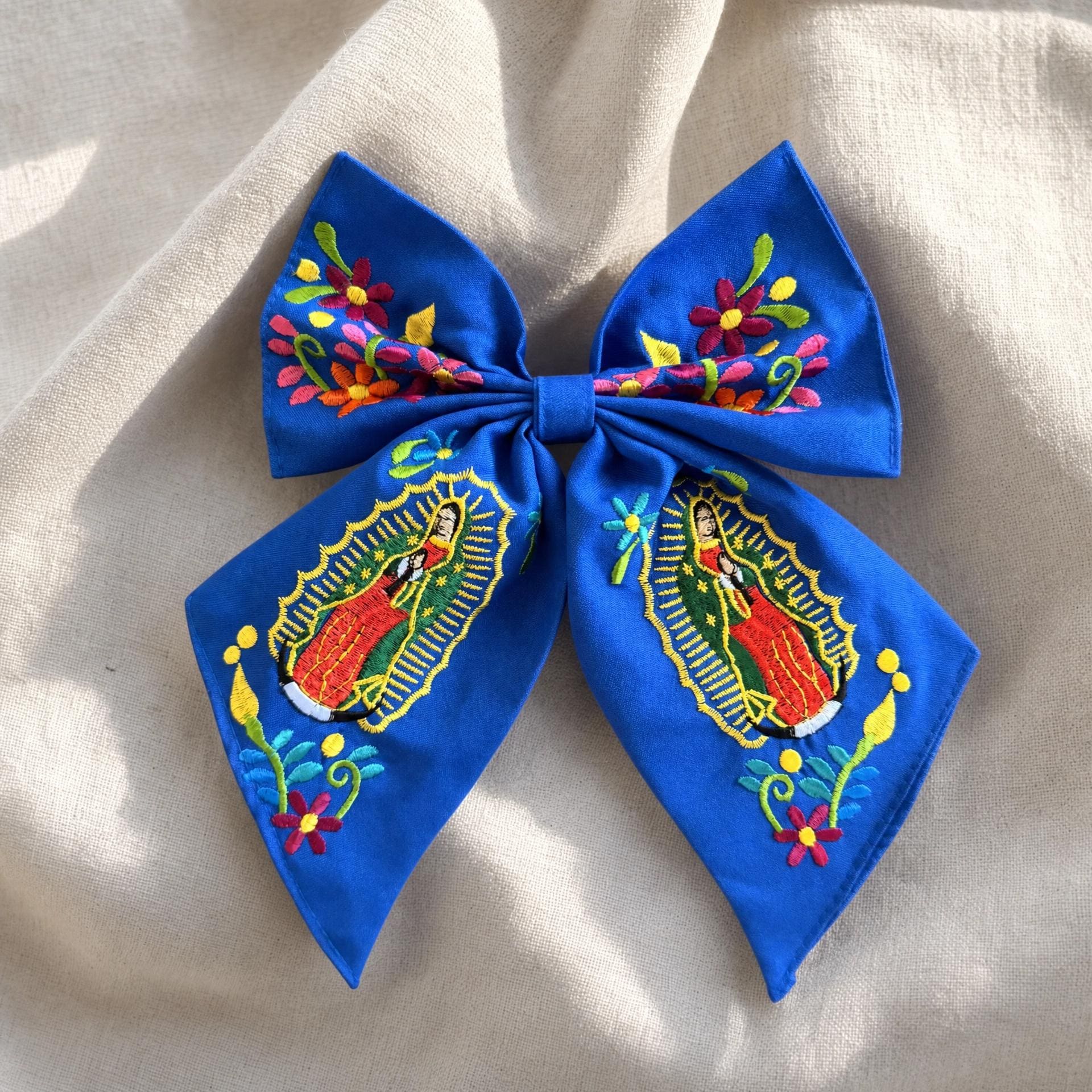Embroidered Virgen de Guadalupe Hair Bow - Mexican Floral Mono, First Communion Gift