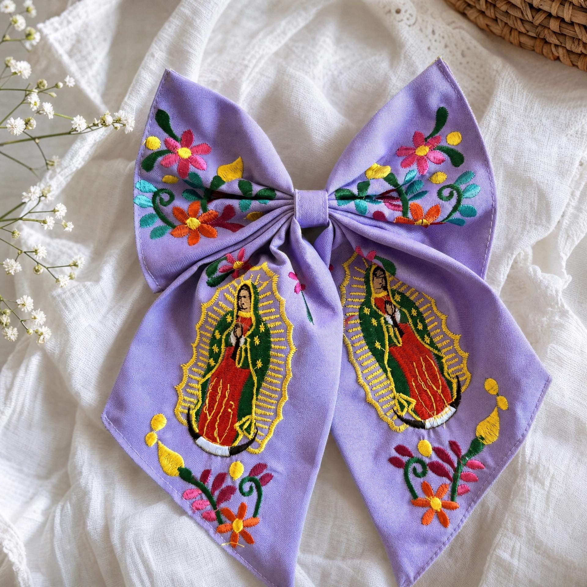 Embroidered Virgen de Guadalupe Hair Bow - Mexican Floral Mono, First Communion Gift
