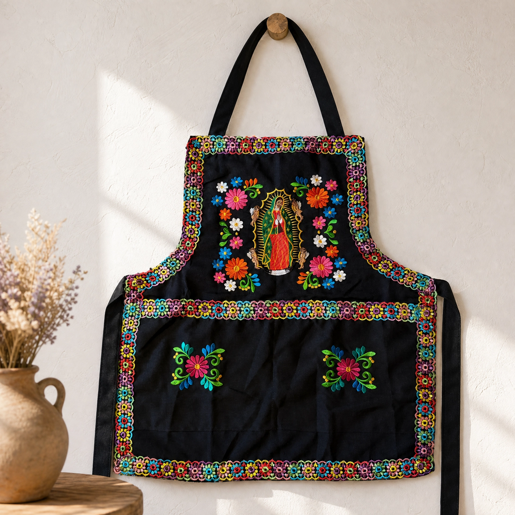 Virgen de Guadalupe Embroidered Apron - Handmade Mexican Mandil with Crochet Trim