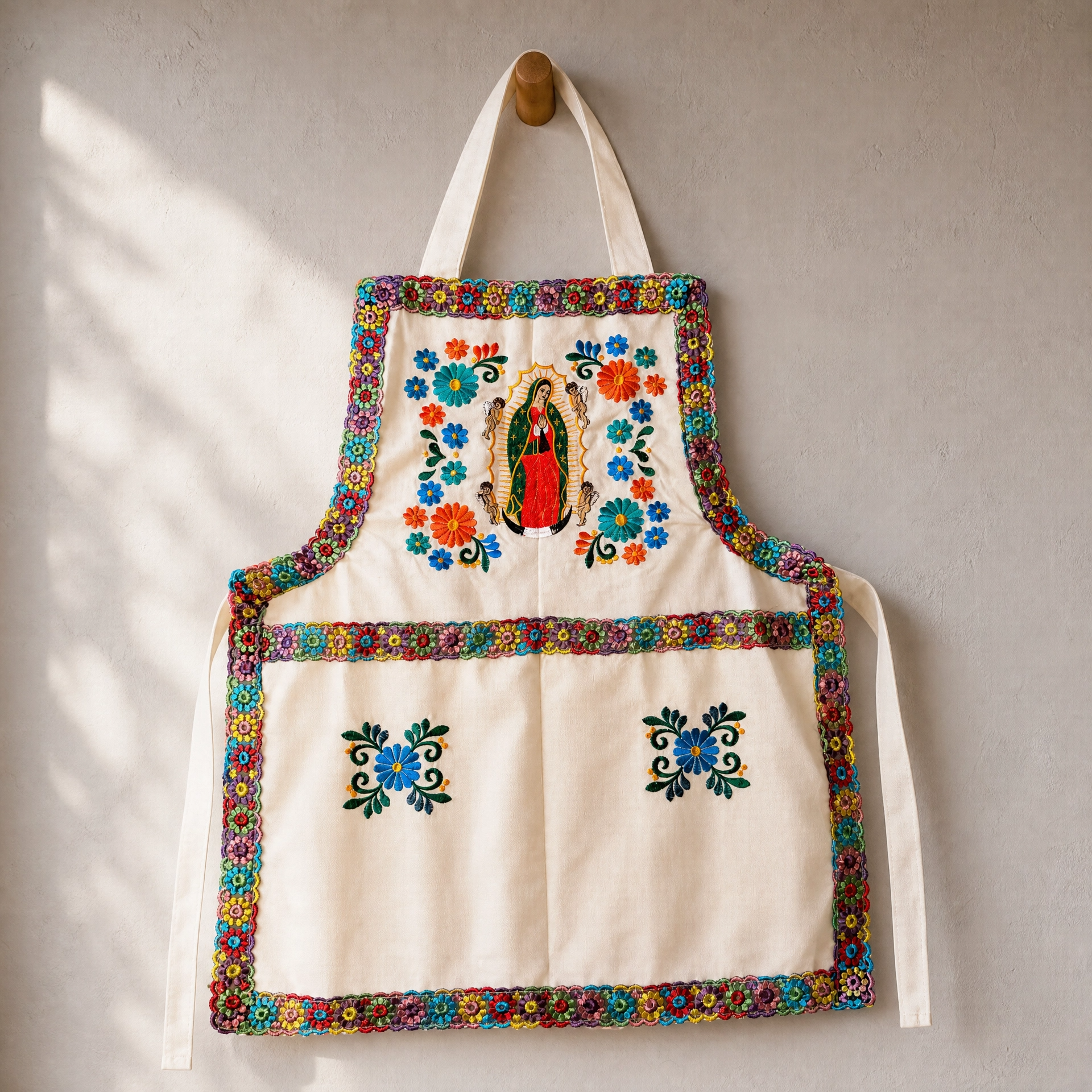 Virgen de Guadalupe Embroidered Apron - Handmade Mexican Mandil with Crochet Trim