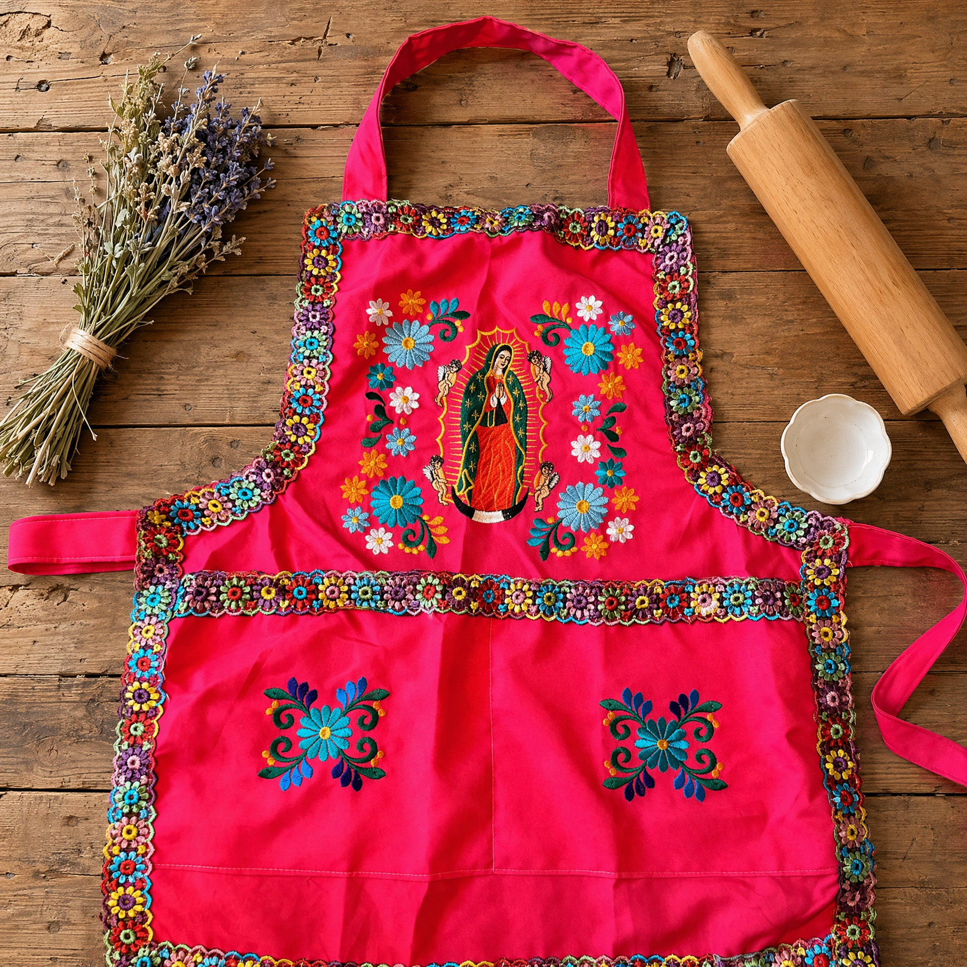 Virgen de Guadalupe Embroidered Apron - Handmade Mexican Mandil with Crochet Trim