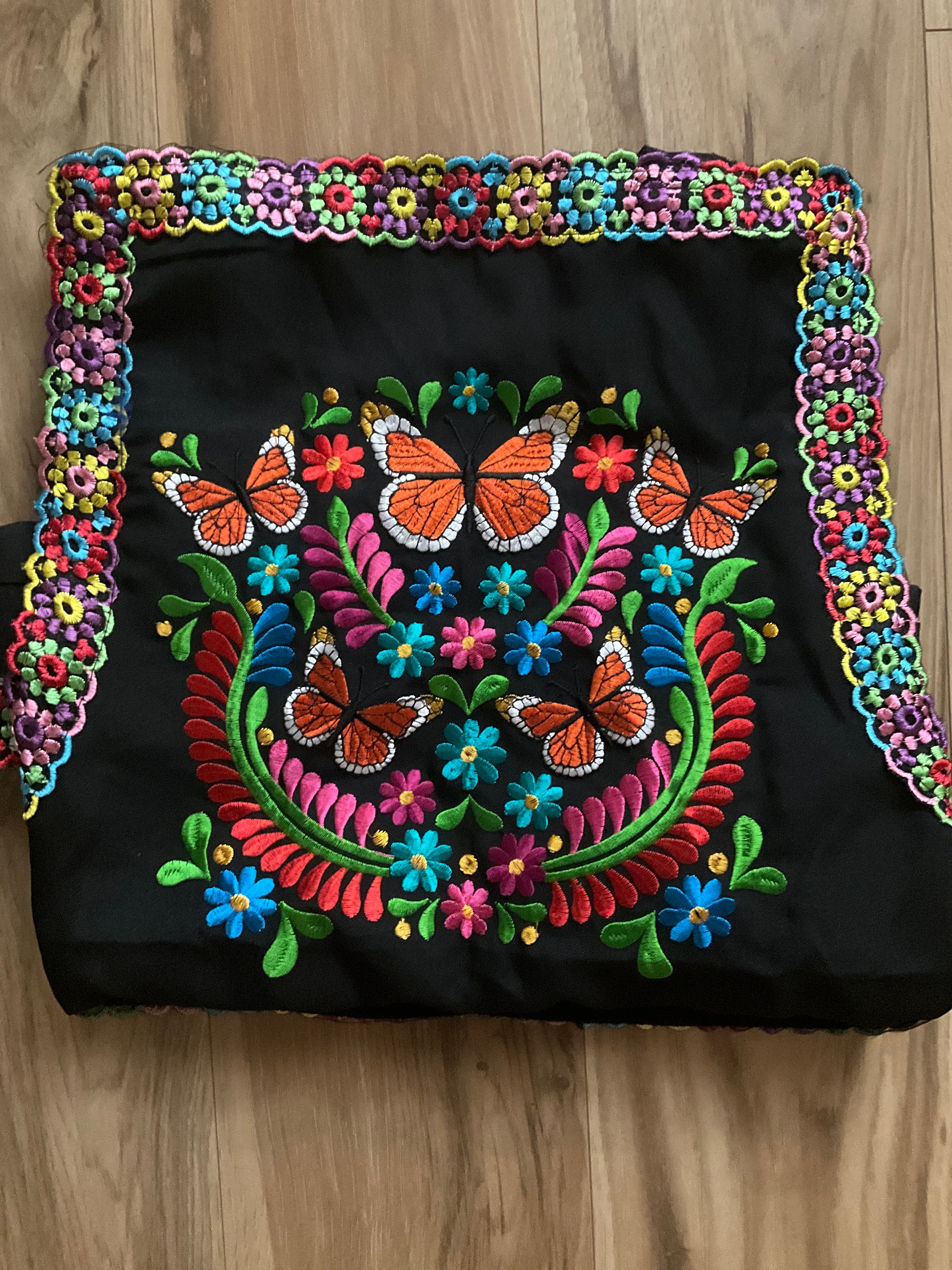 Monarch Butterfly Embroidered Apron - Handmade Mexican Mandil with Crochet Border