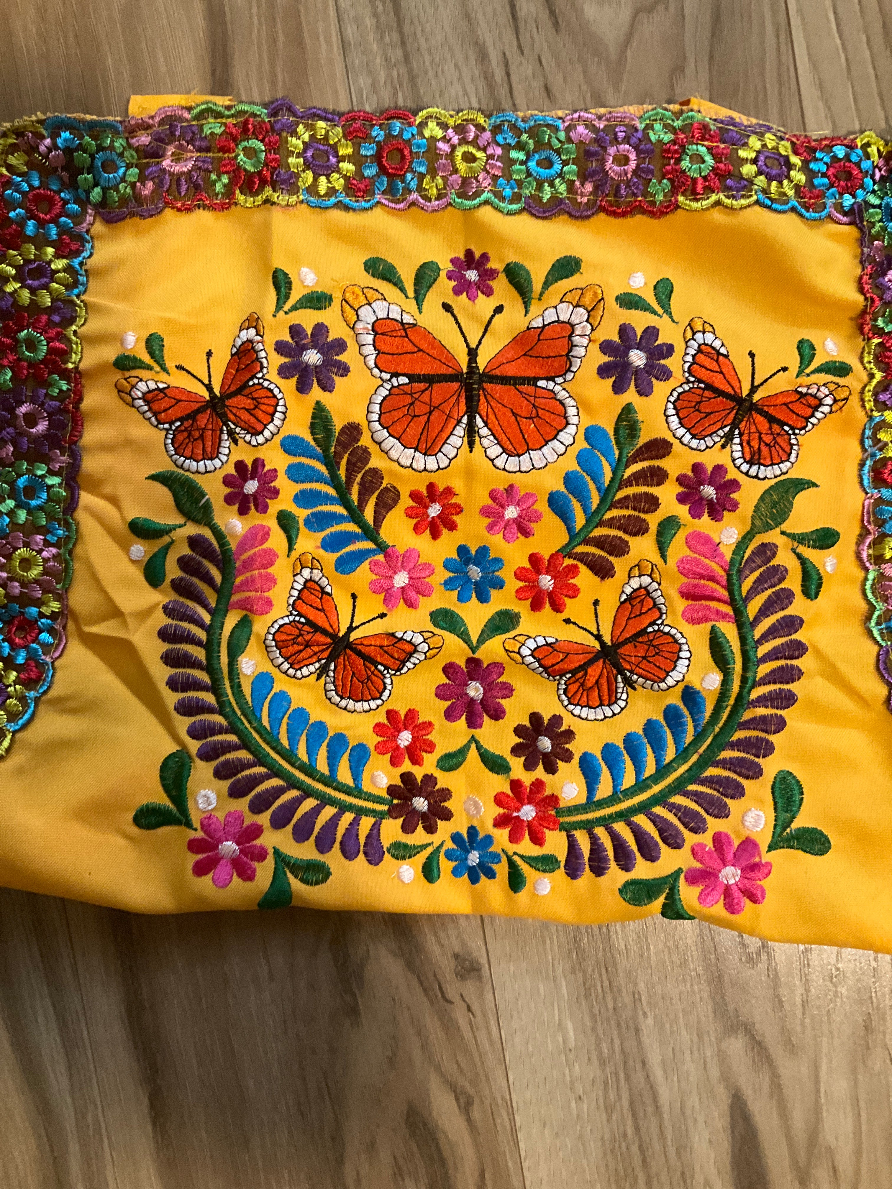 Monarch Butterfly Embroidered Apron - Handmade Mexican Mandil with Crochet Border