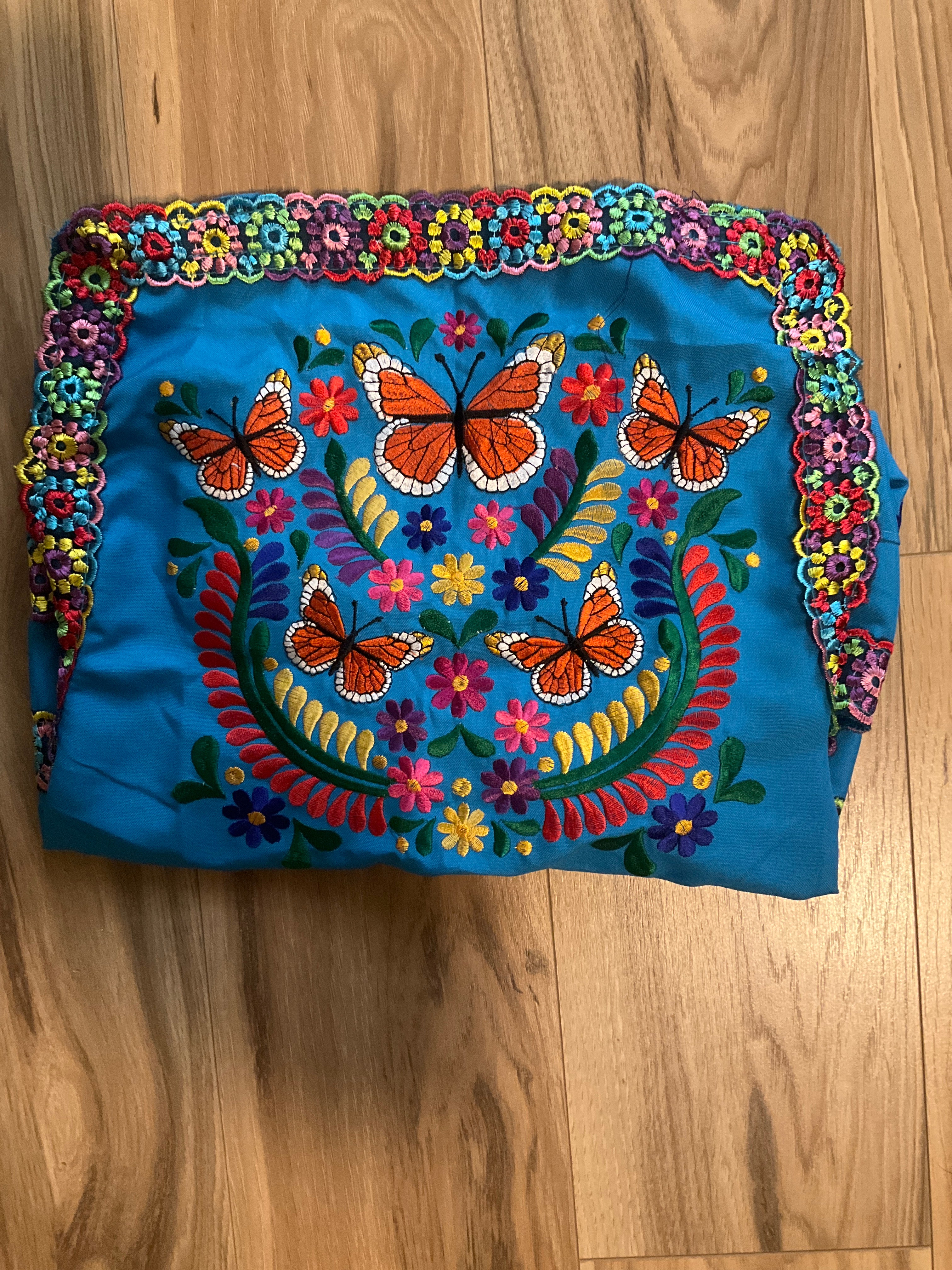 Monarch Butterfly Embroidered Apron - Handmade Mexican Mandil with Crochet Border
