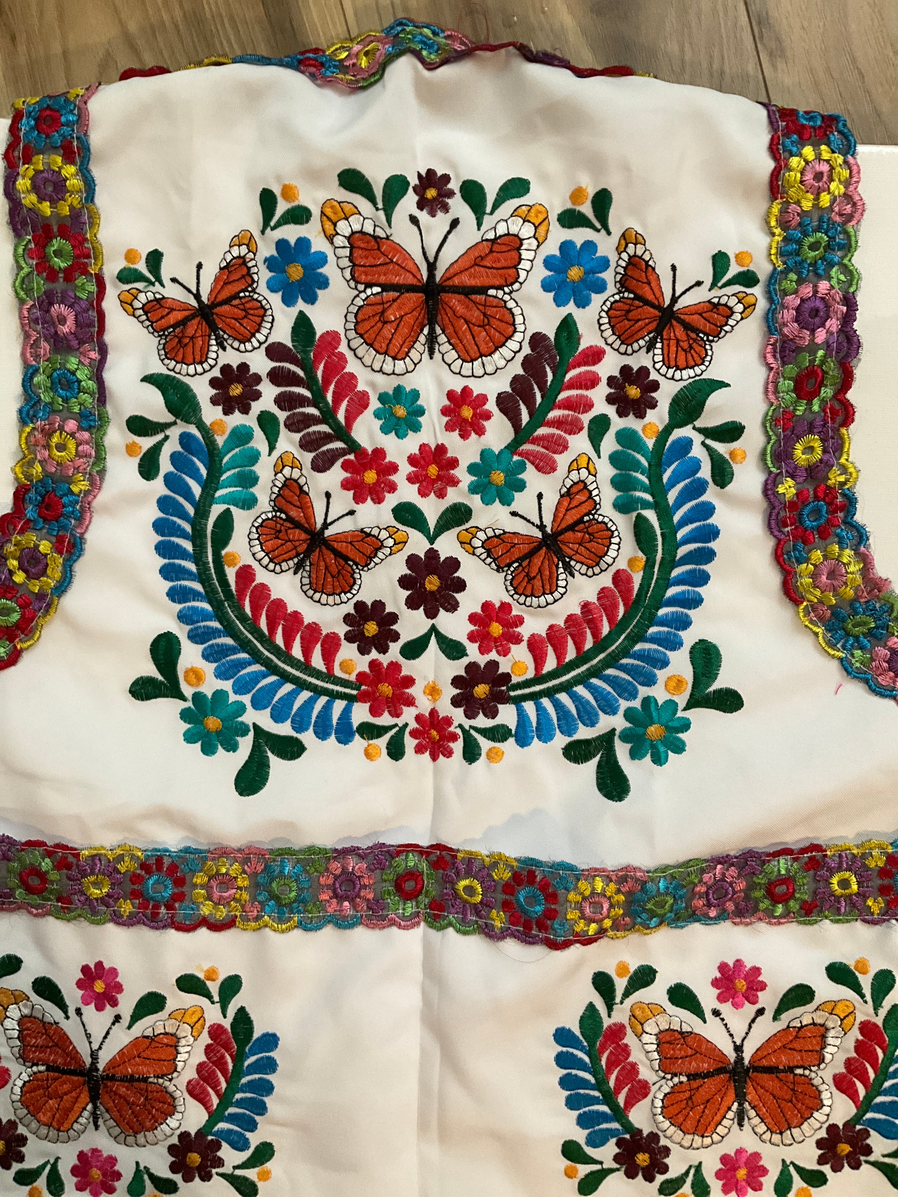 Monarch Butterfly Embroidered Apron - Handmade Mexican Mandil with Crochet Border