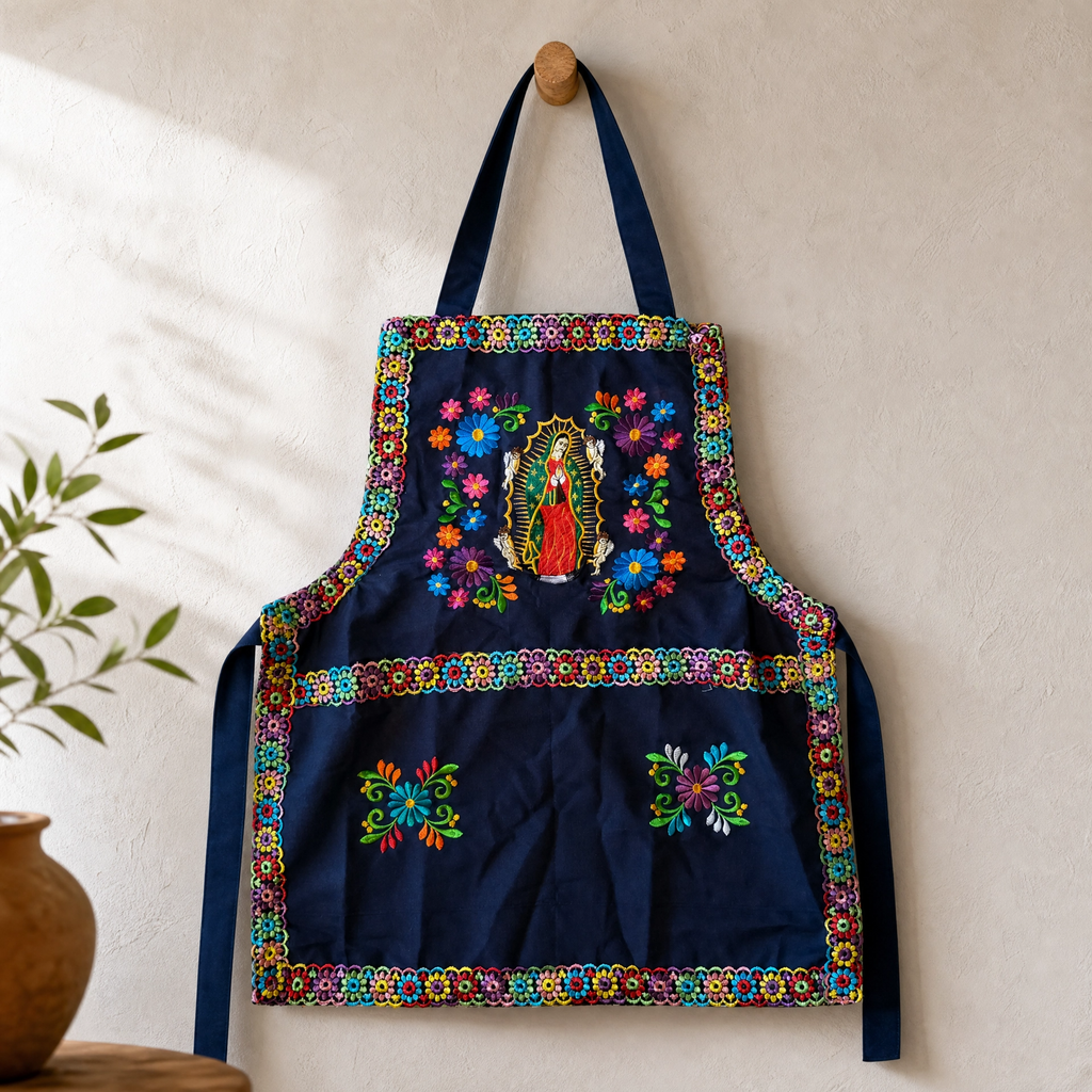 Virgen de Guadalupe Embroidered Apron - Handmade Mexican Mandil with Crochet Trim