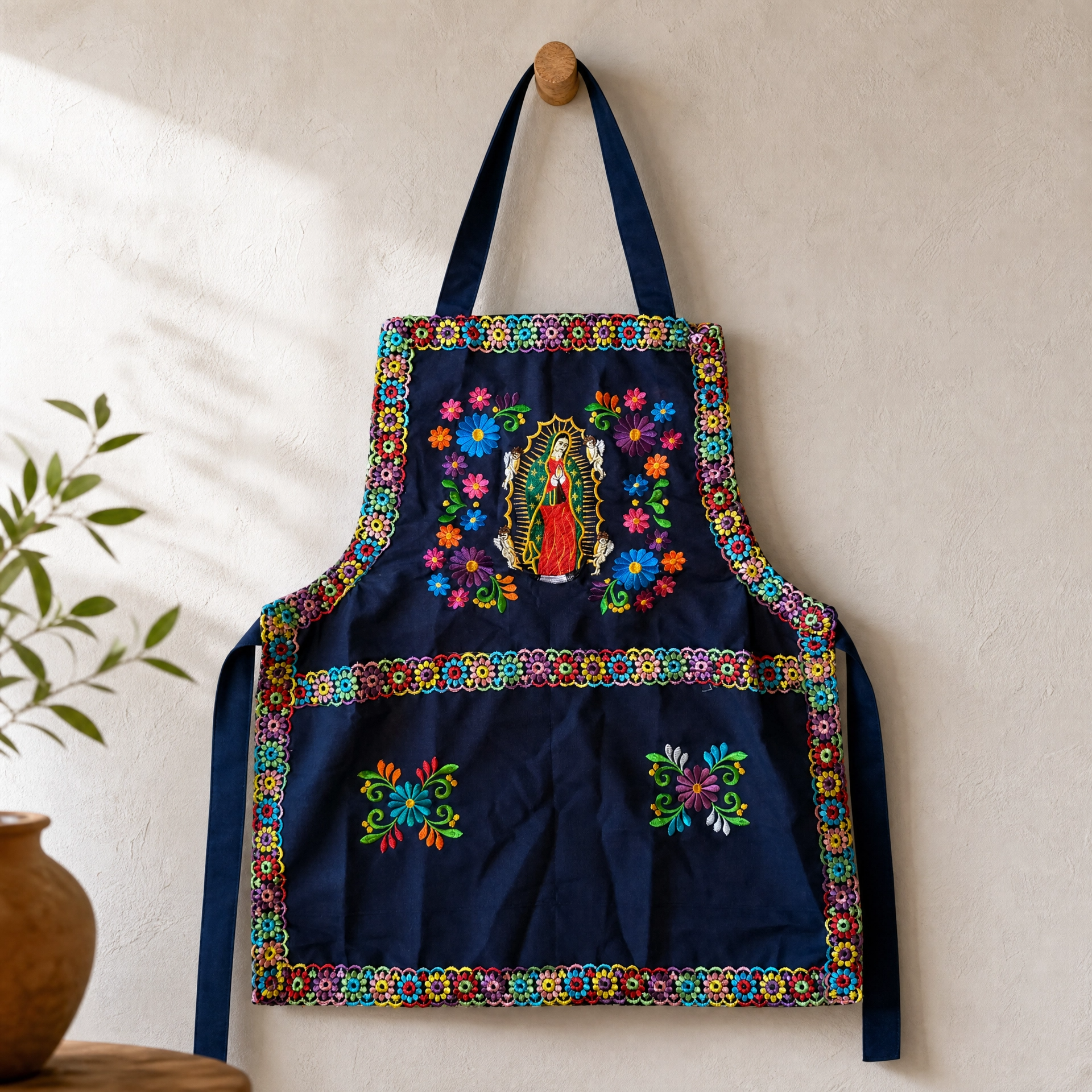 Virgen de Guadalupe Embroidered Apron - Handmade Mexican Mandil with Crochet Trim