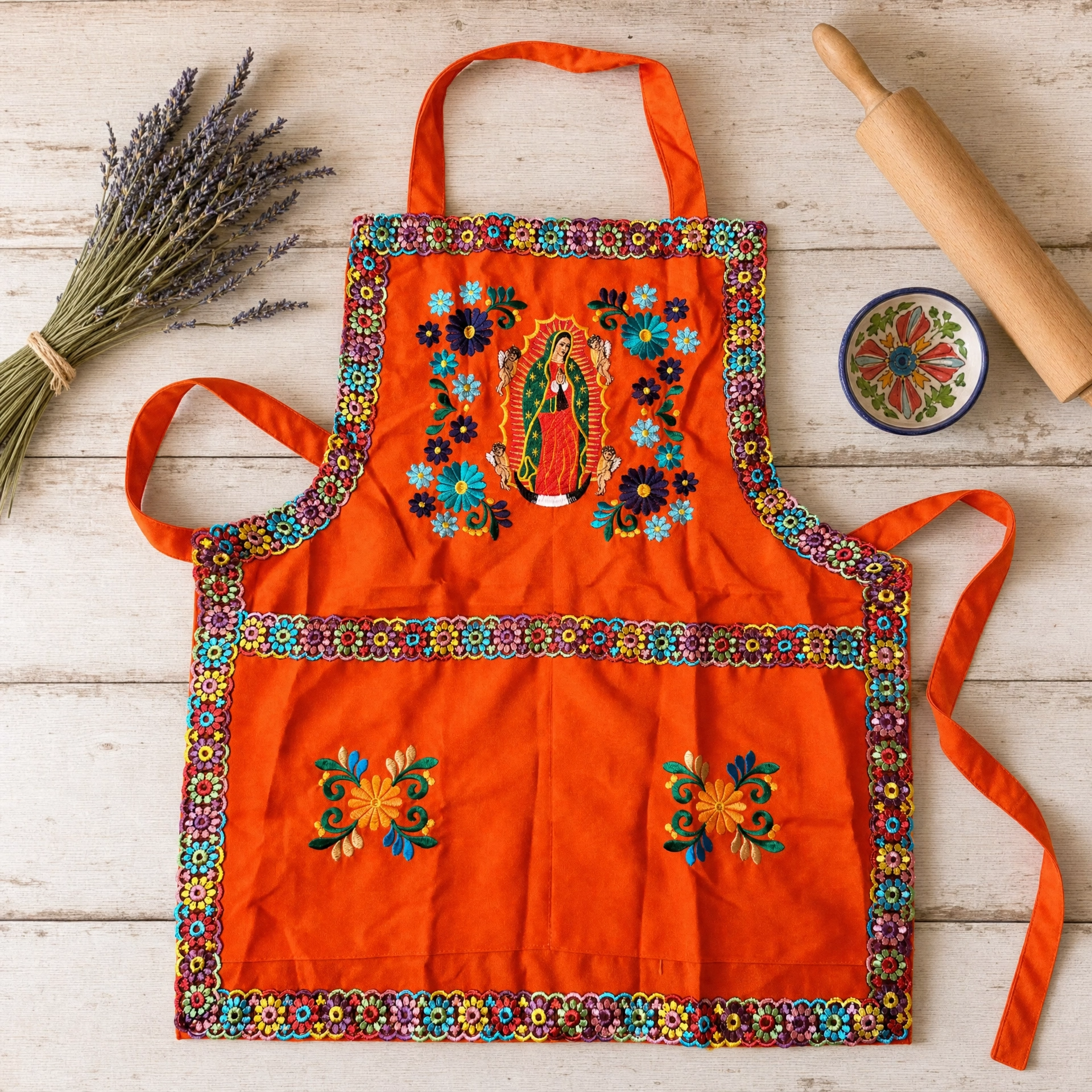 Virgen de Guadalupe Embroidered Apron - Handmade Mexican Mandil with Crochet Trim