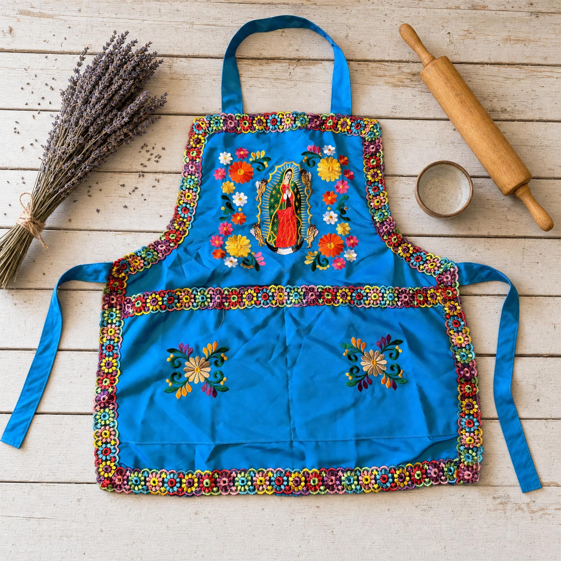 Virgen de Guadalupe Embroidered Apron - Handmade Mexican Mandil with Crochet Trim