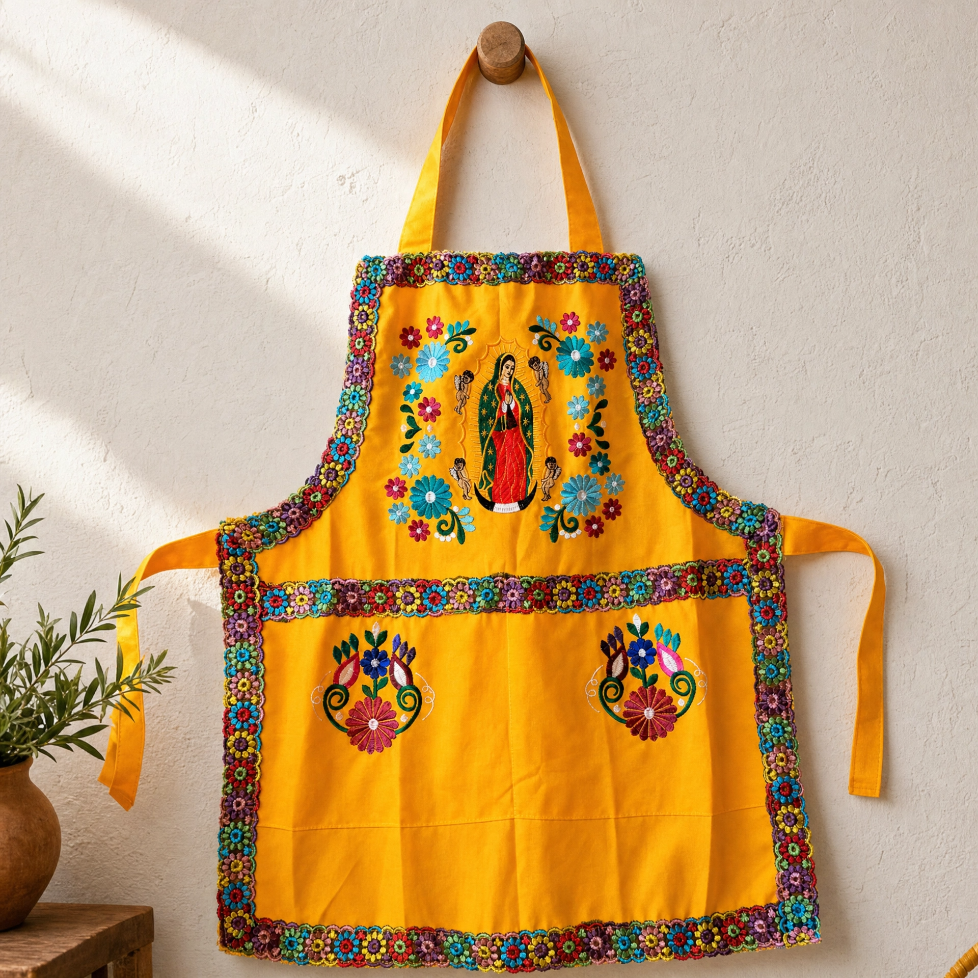 Virgen de Guadalupe Embroidered Apron - Handmade Mexican Mandil with Crochet Trim