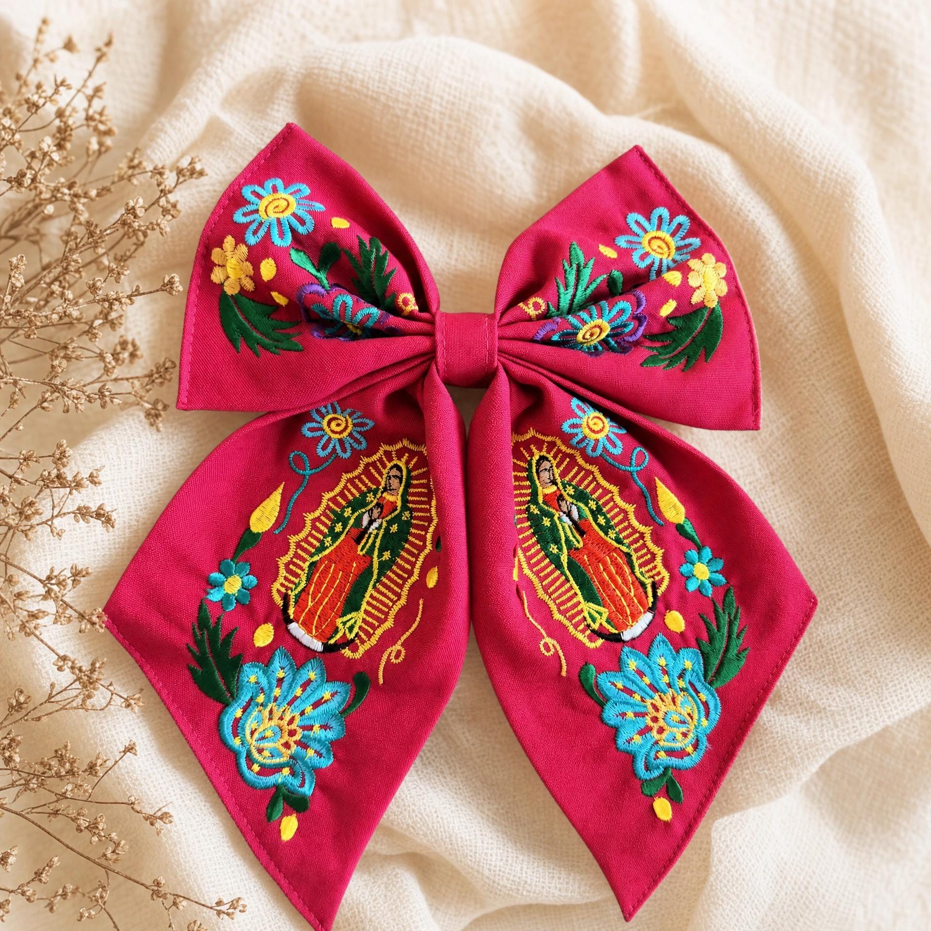 Embroidered Virgen de Guadalupe Hair Bow - Mexican Floral Mono, First Communion Gift