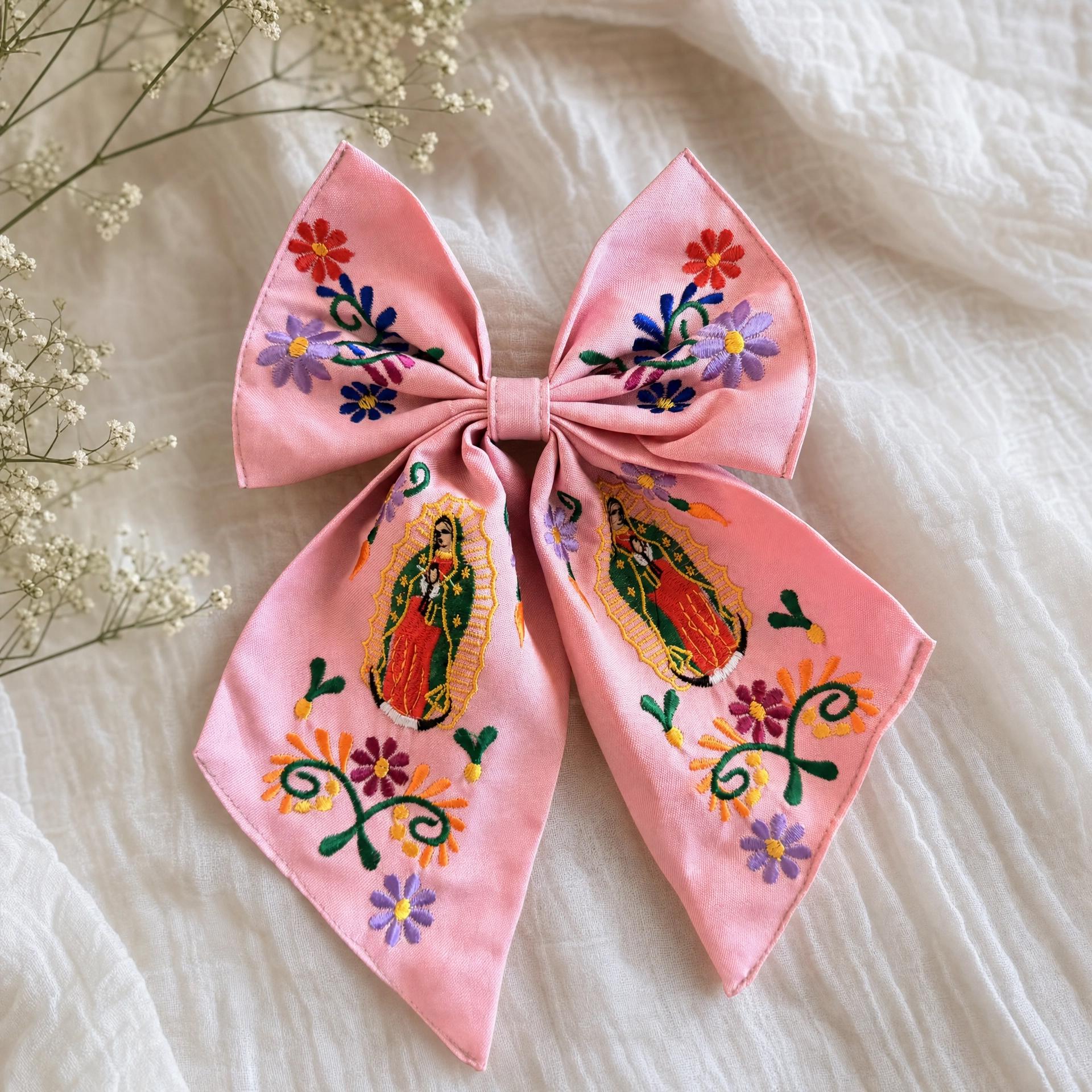 Embroidered Virgen de Guadalupe Hair Bow - Mexican Floral Mono, First Communion Gift