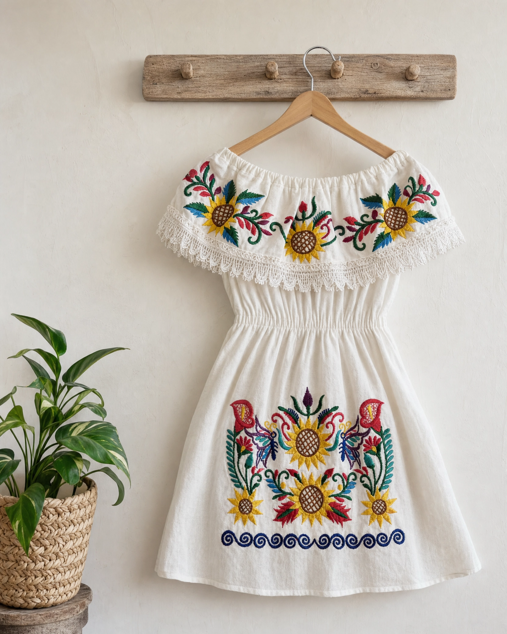 Mexican Embroidered Sunflower Dress for Girls - Handmade Off-Shoulder Cotton Vestido