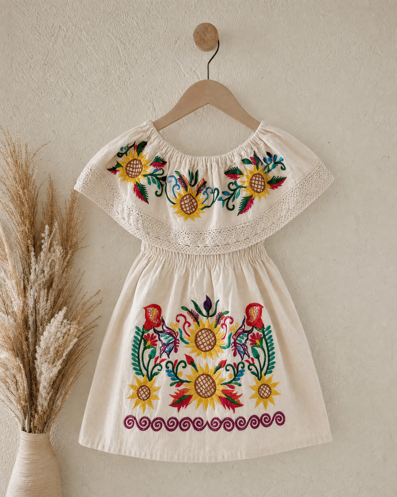 Mexican Embroidered Sunflower Dress for Girls - Handmade Off-Shoulder Cotton Vestido