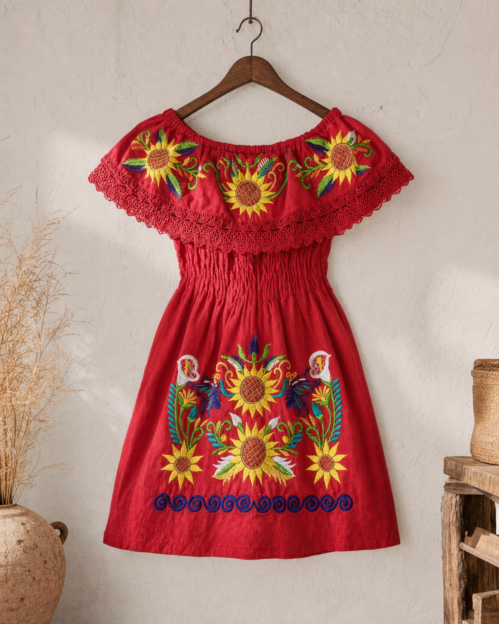 Mexican Embroidered Sunflower Dress for Girls - Handmade Off-Shoulder Cotton Vestido
