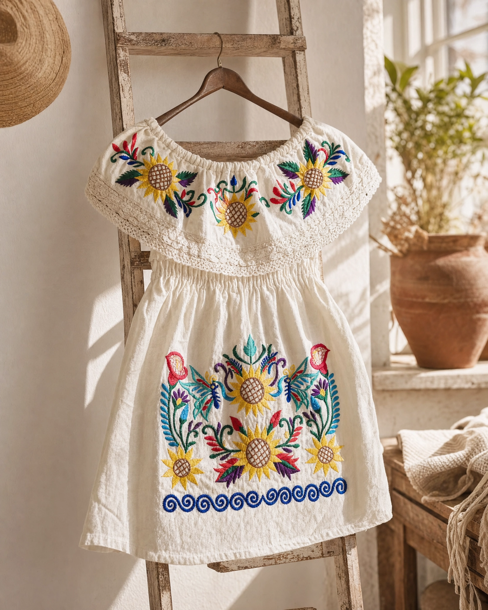 Mexican Embroidered Sunflower Dress for Girls - Handmade Off-Shoulder Cotton Vestido