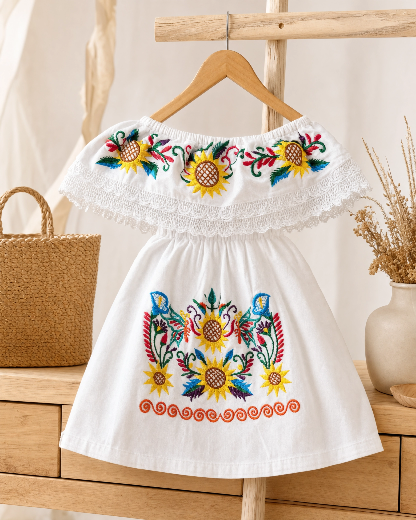 Mexican Embroidered Sunflower Dress for Girls - Handmade Off-Shoulder Cotton Vestido