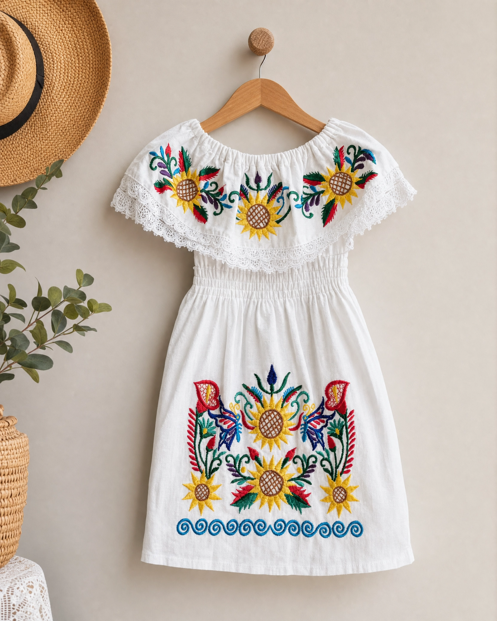 Mexican Embroidered Sunflower Dress for Girls - Handmade Off-Shoulder Cotton Vestido