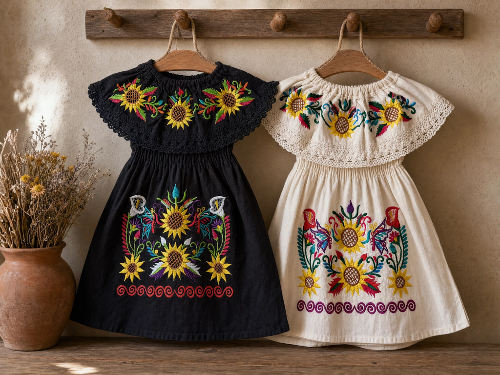 Mexican Embroidered Sunflower Dress for Girls - Handmade Off-Shoulder Cotton Vestido