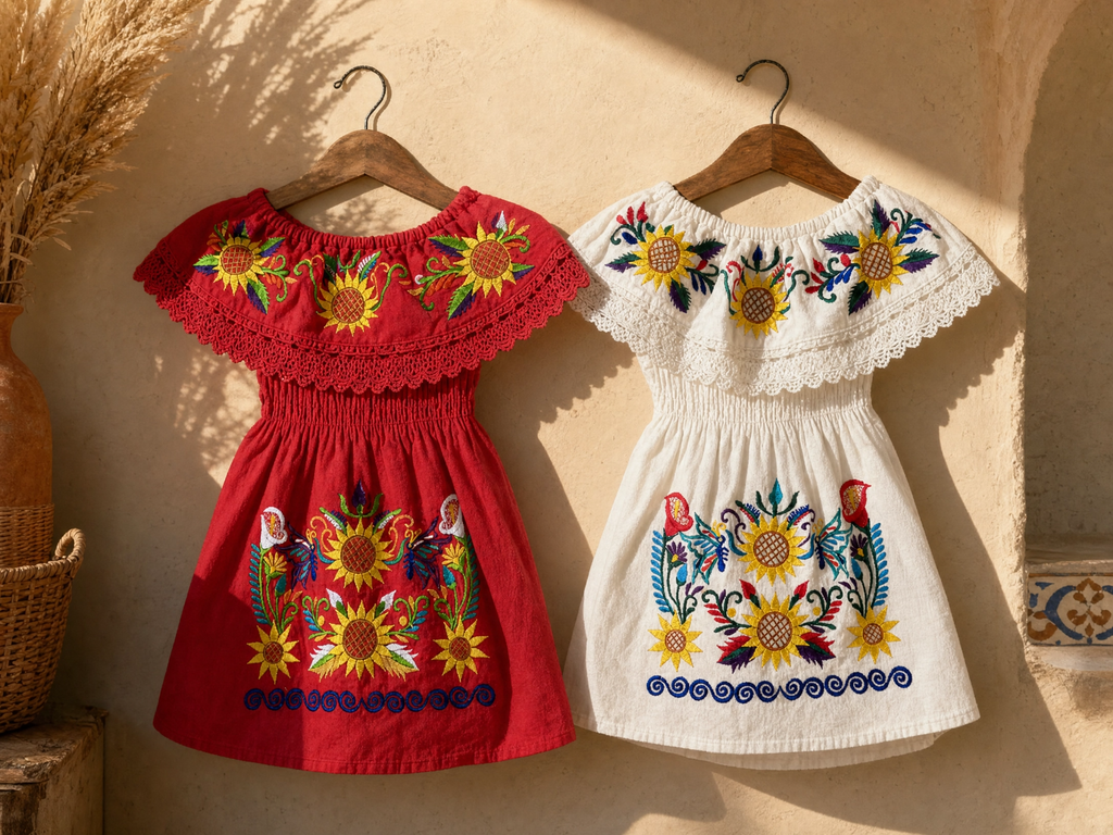Mexican Embroidered Sunflower Dress for Girls - Handmade Off-Shoulder Cotton Vestido