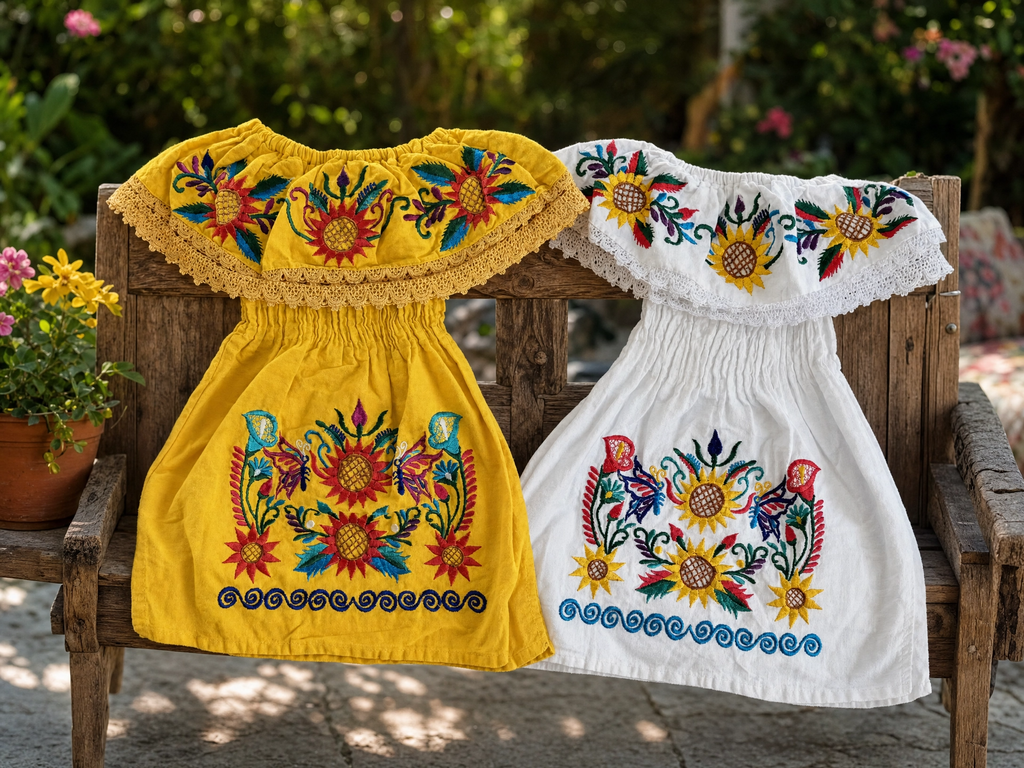 Mexican Embroidered Sunflower Dress for Girls - Handmade Off-Shoulder Cotton Vestido