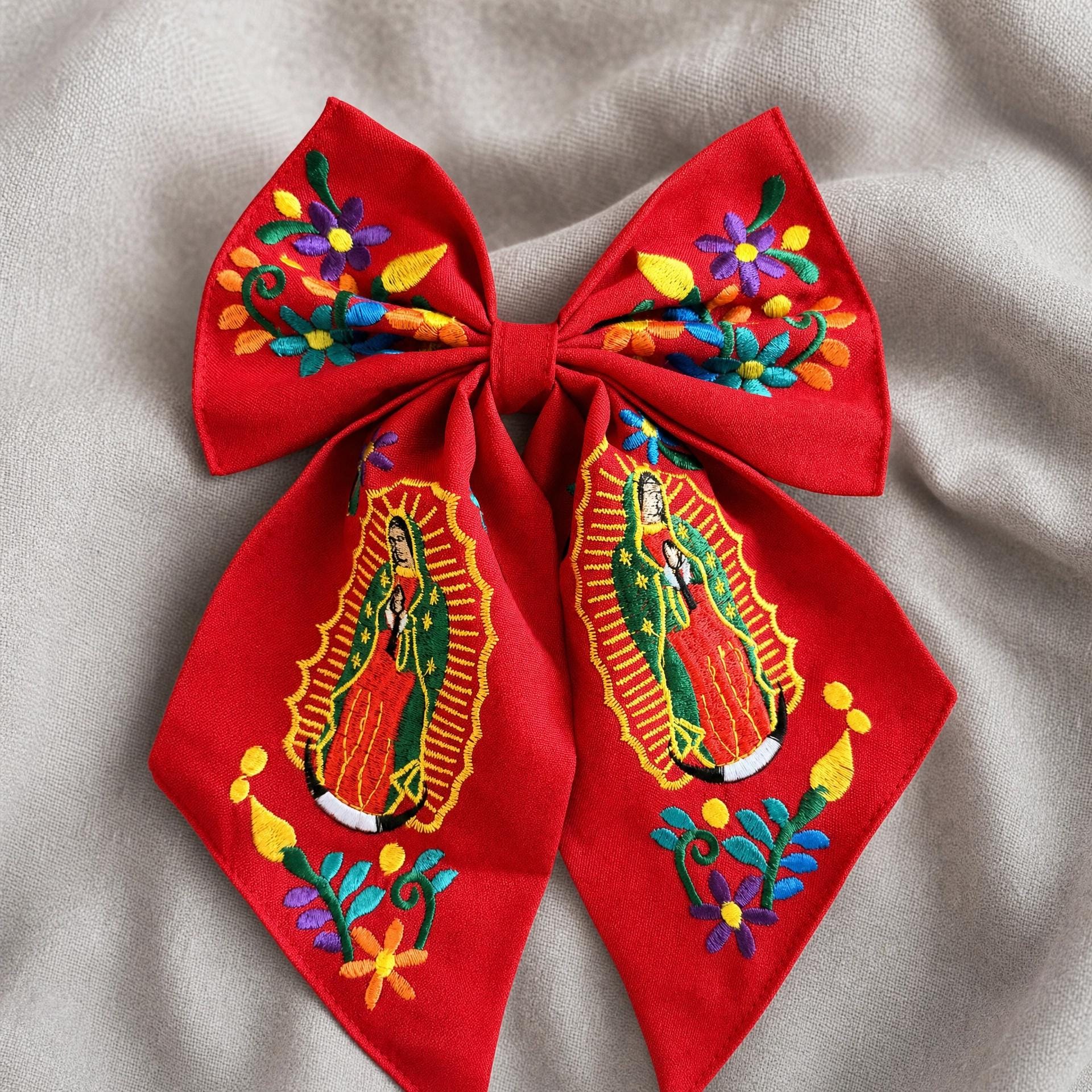Embroidered Virgen de Guadalupe Hair Bow - Mexican Floral Mono, First Communion Gift