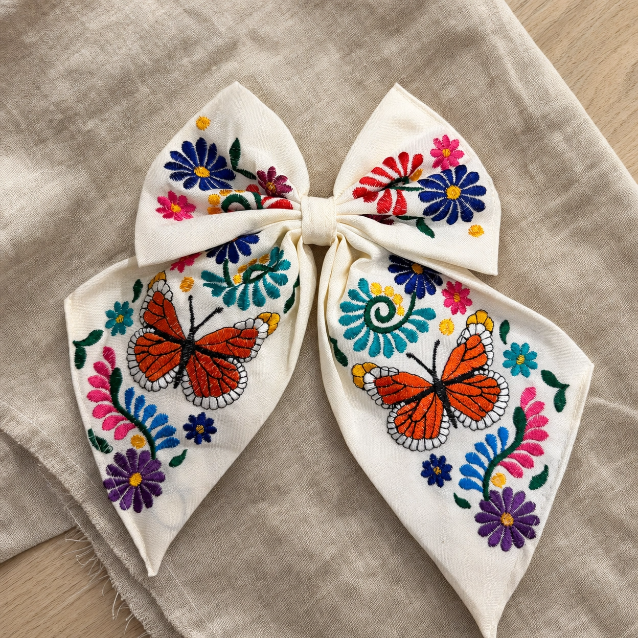 Embroidered Monarch Butterfly Hair Bow for Girls - Oversized Sailor Mono, Alligator Clip