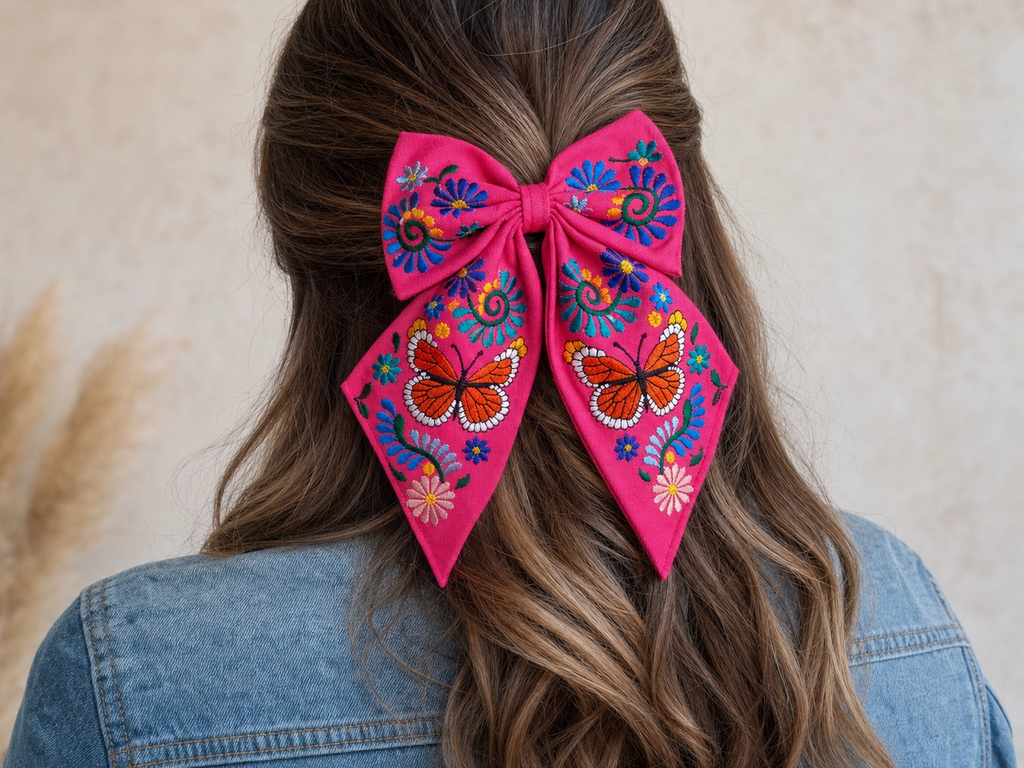 Embroidered Monarch Butterfly Hair Bow for Girls - Oversized Sailor Mono, Alligator Clip