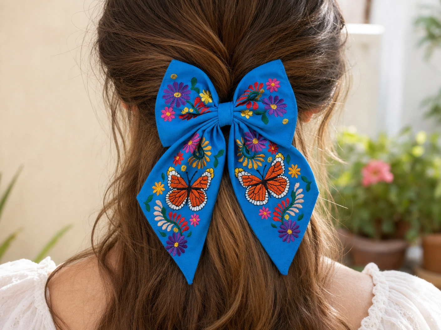 Embroidered Monarch Butterfly Hair Bow for Girls - Oversized Sailor Mono, Alligator Clip