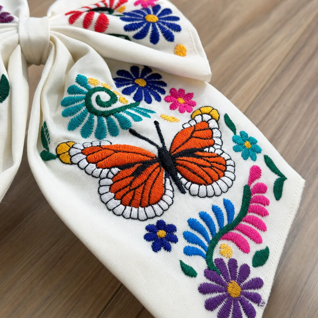 Embroidered Monarch Butterfly Hair Bow for Girls - Oversized Sailor Mono, Alligator Clip
