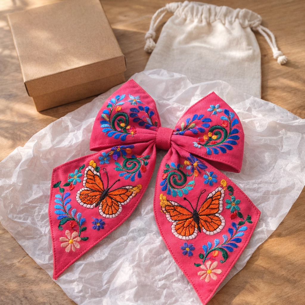 Embroidered Monarch Butterfly Hair Bow for Girls - Oversized Sailor Mono, Alligator Clip