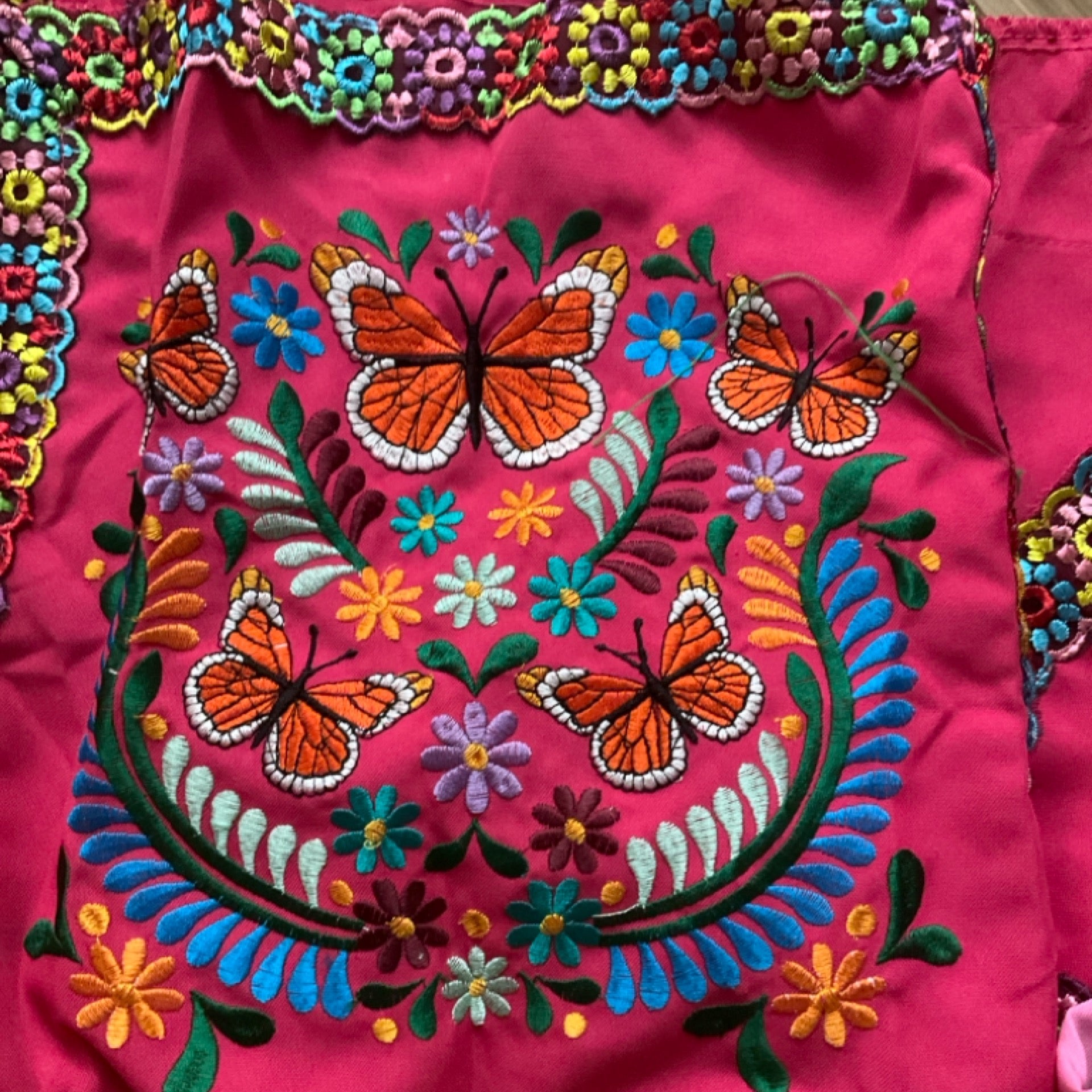 Monarch Butterfly Embroidered Apron - Handmade Mexican Mandil with Crochet Border