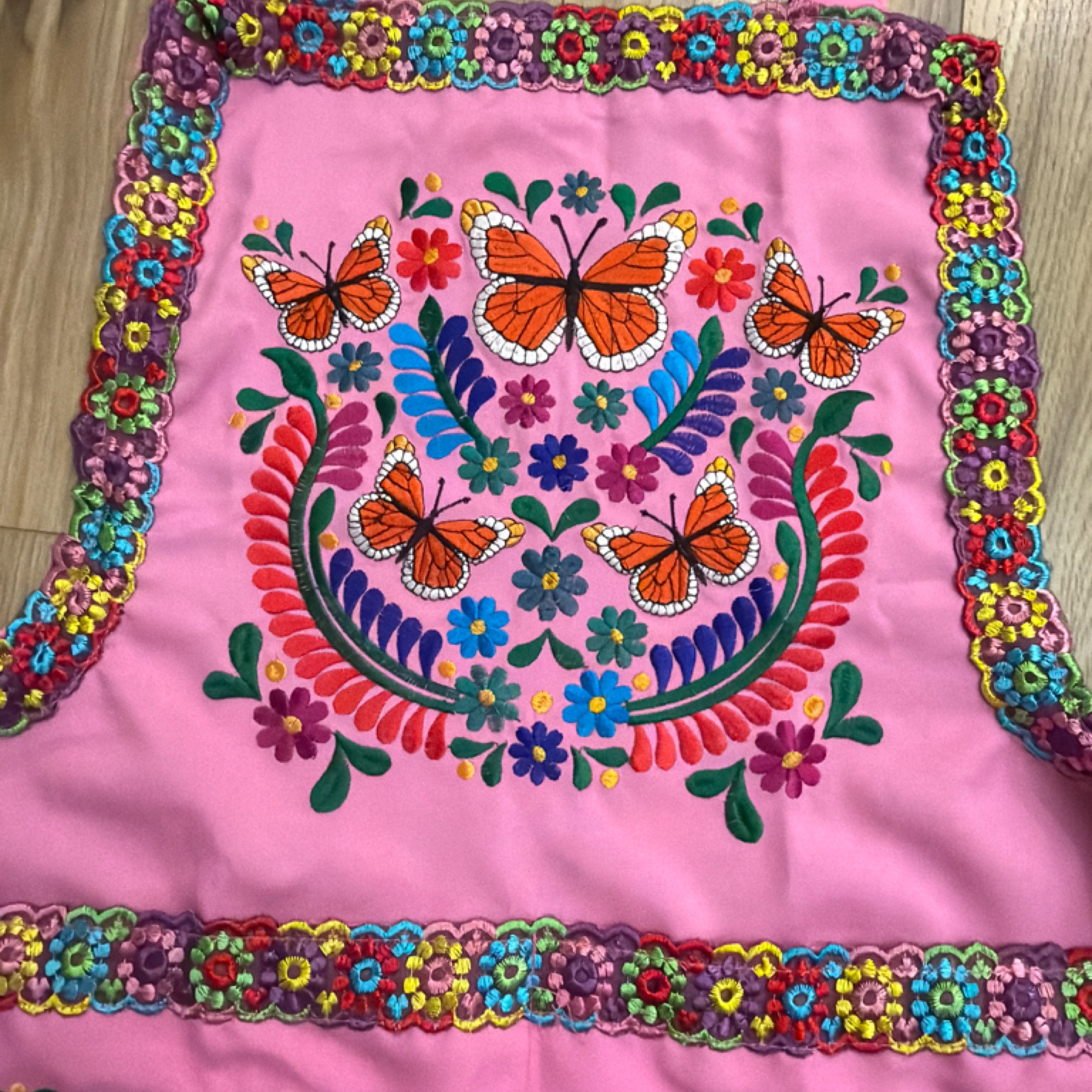 Monarch Butterfly Embroidered Apron - Handmade Mexican Mandil with Crochet Border