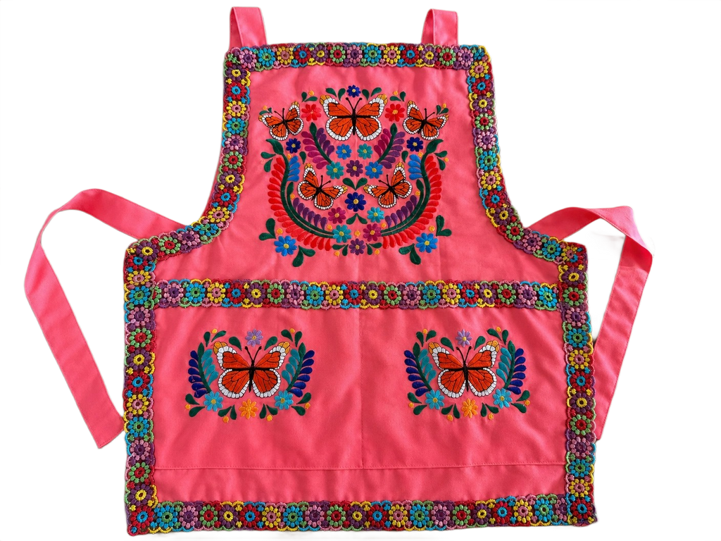 Monarch Butterfly Embroidered Apron - Handmade Mexican Mandil with Crochet Border