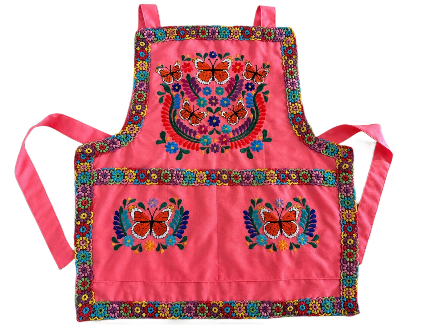 Monarch Butterfly Embroidered Apron - Handmade Mexican Mandil with Crochet Border