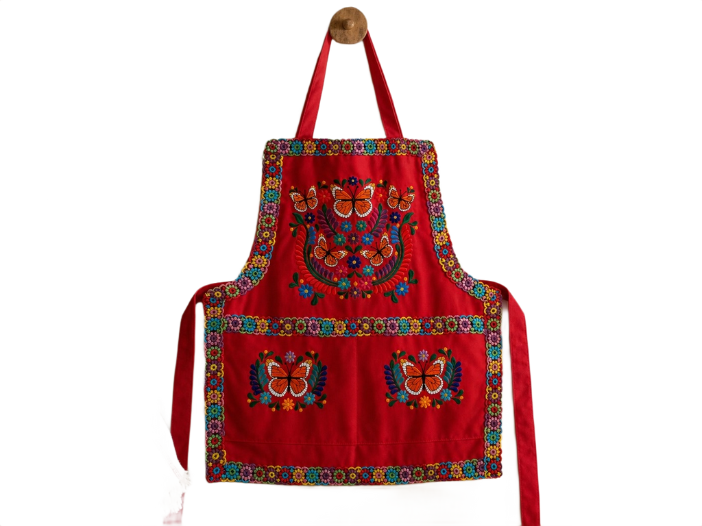 Monarch Butterfly Embroidered Apron - Handmade Mexican Mandil with Crochet Border