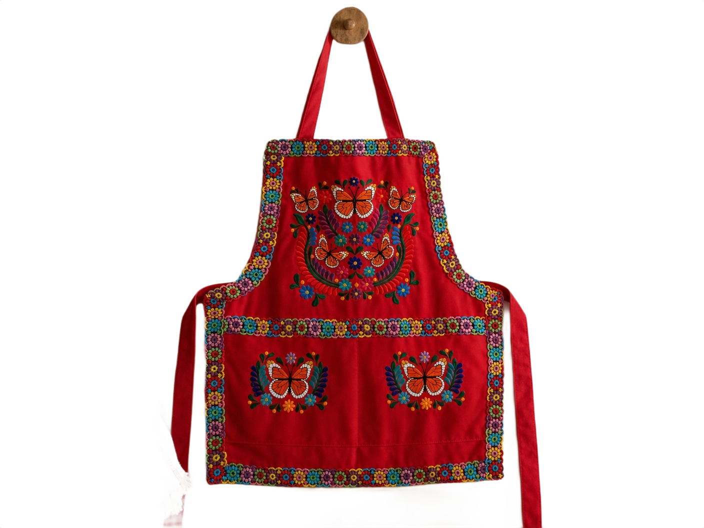 Monarch Butterfly Embroidered Apron - Handmade Mexican Mandil with Crochet Border