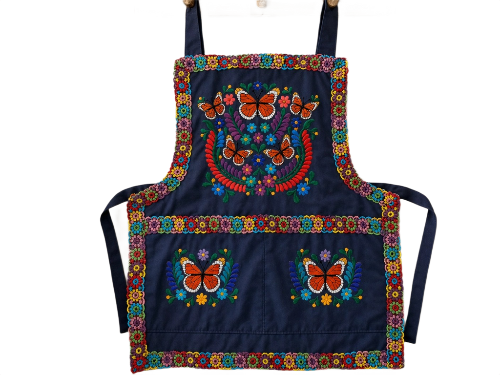 Monarch Butterfly Embroidered Apron - Handmade Mexican Mandil with Crochet Border