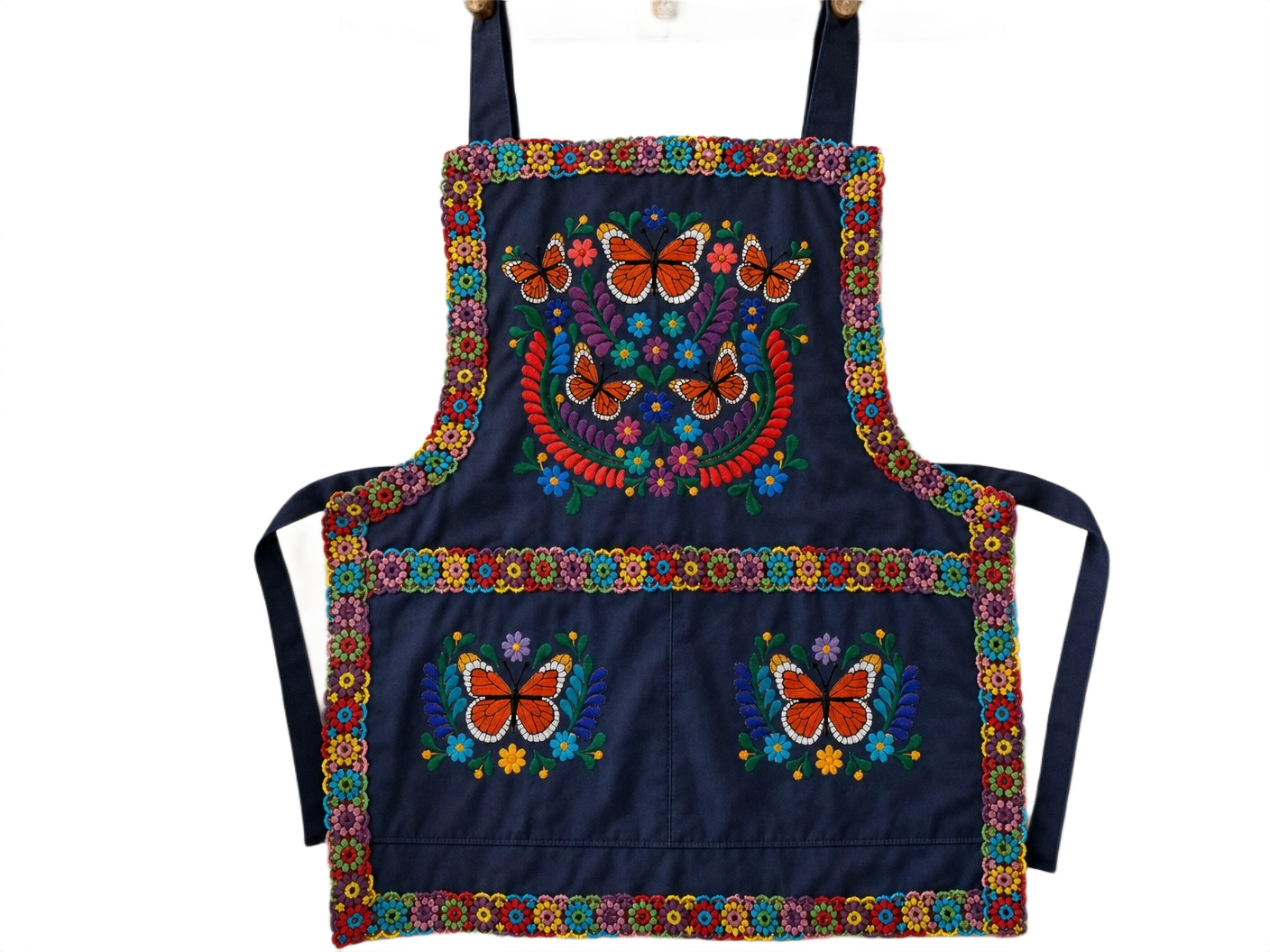 Monarch Butterfly Embroidered Apron - Handmade Mexican Mandil with Crochet Border