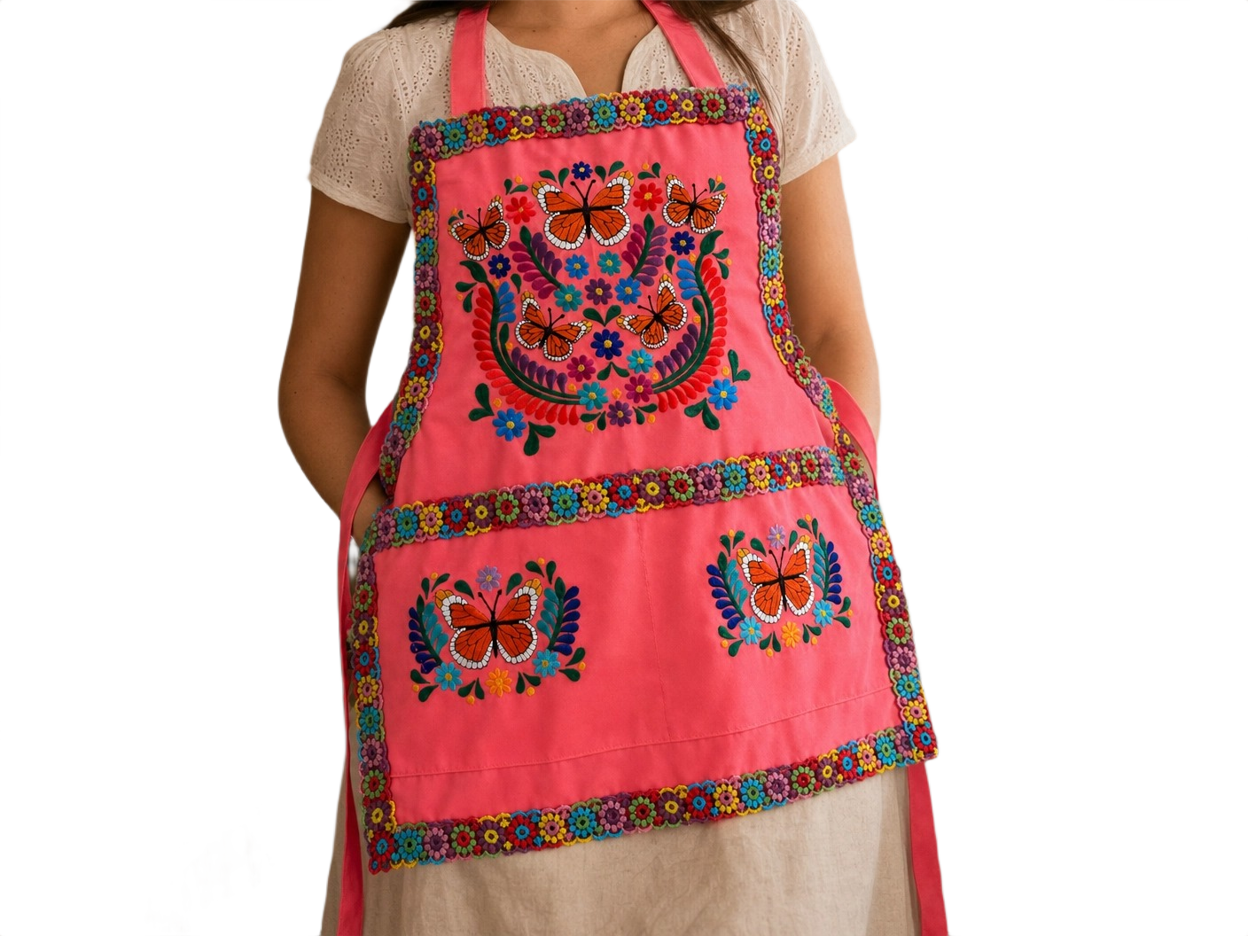 Monarch Butterfly Embroidered Apron - Handmade Mexican Mandil with Crochet Border