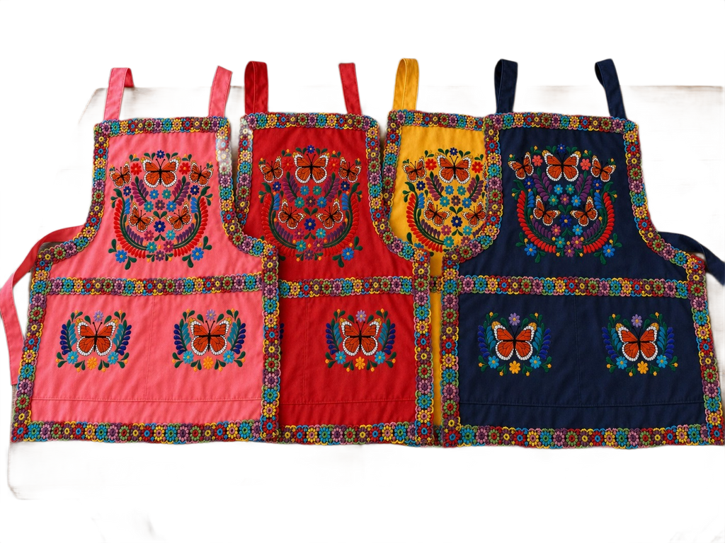 Monarch Butterfly Embroidered Apron - Handmade Mexican Mandil with Crochet Border