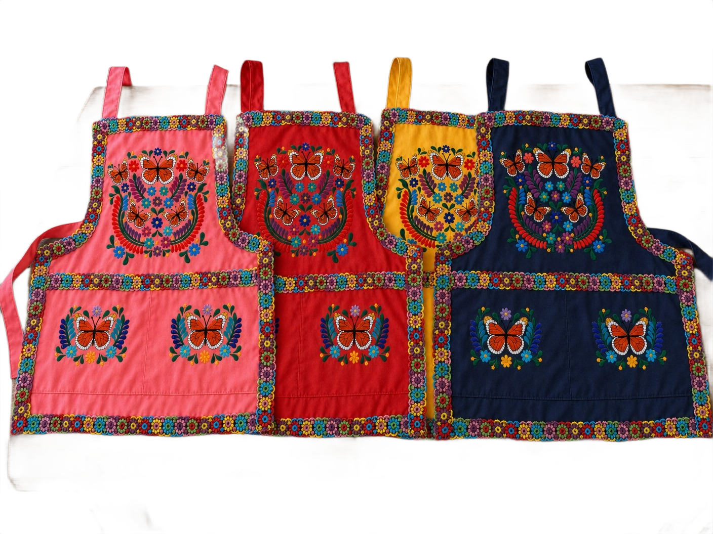 Monarch Butterfly Embroidered Apron - Handmade Mexican Mandil with Crochet Border